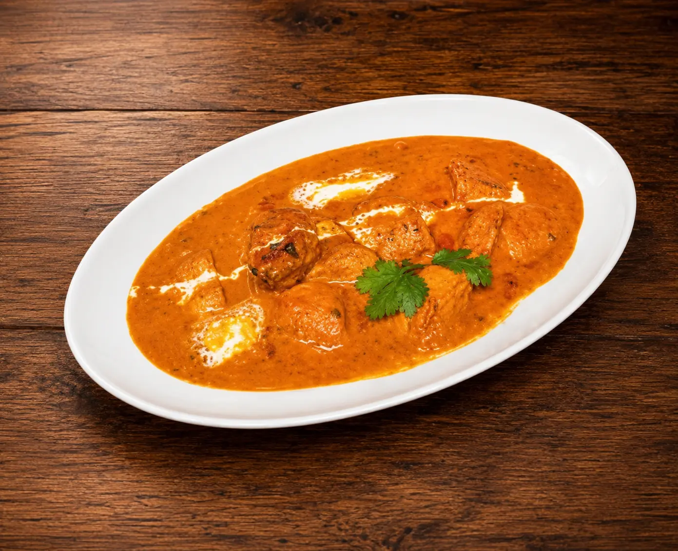 Butter chicken curry served with garlic naan at Charisma Of India, Indian restaurant in Winnipeg